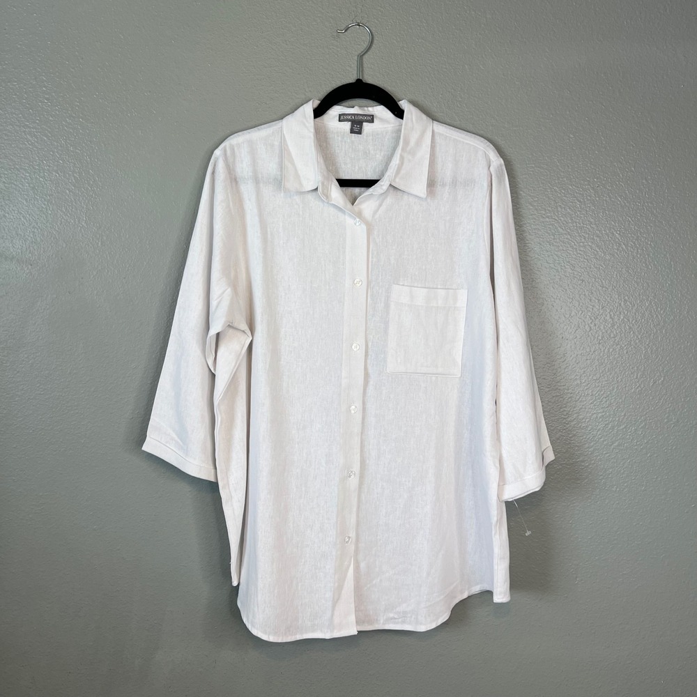 Jessica London Linen Blend Shirt Plus Size 18W Button Down 3/4 Sleeve White NEW